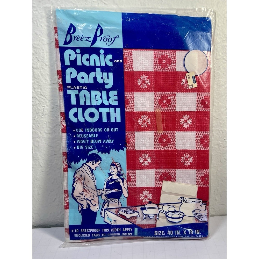 Vintage Breez Proof Picnic Tablecloth 40x78 Red Gingham NOS Sealed USA